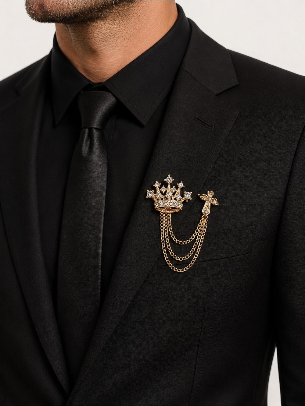 New Gold Tone Crown & Wing Double Pin Brooch Rhinestone Chain Lapel Fashion